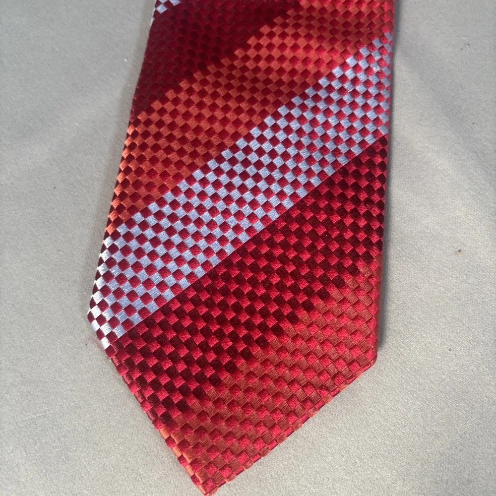 Villa Bolgheri Italy Mens Silk Tie Red Orange Silver Geometric Checkered Stripe
